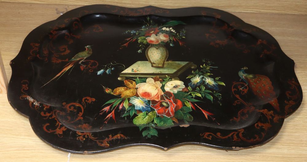 A Victorian painted papier mache tray, length 82cm